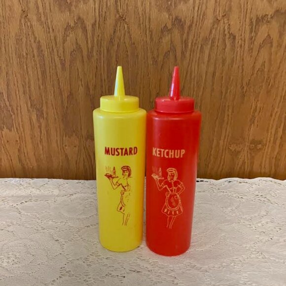 Vtg Tablecraft Diner Waitress Graphic Plastic Ketchup Mustard Squeeze Bottle Set - Picture 5 of 5